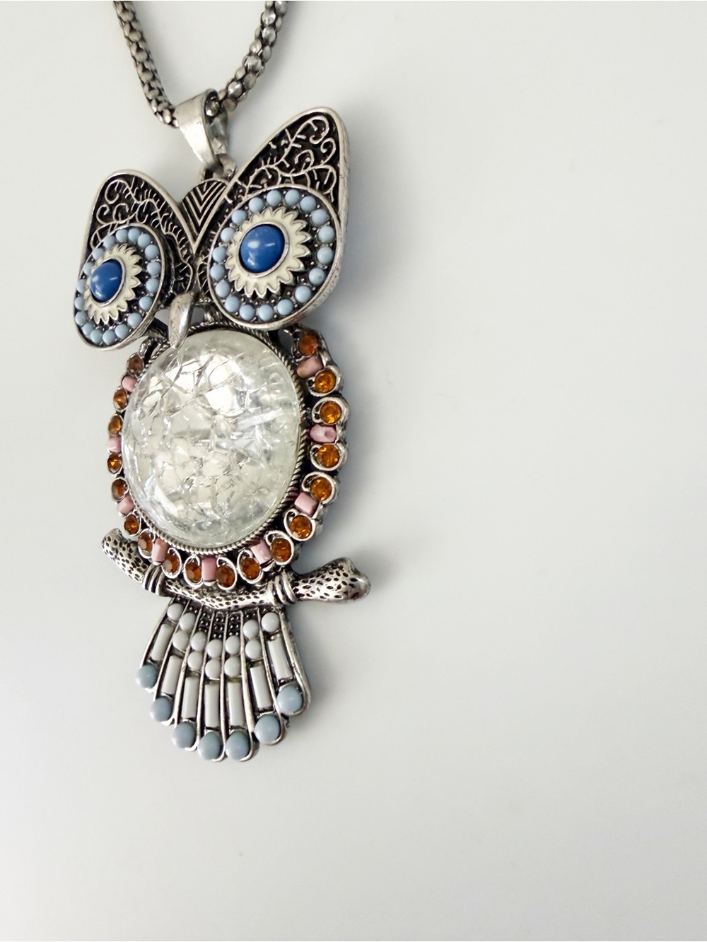 Lane Vintage Long Silver Tone Rhinestones Beaded Owl Pendant Necklace - Picture 4 of 12